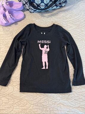 Kids Black Long-Sleeve Messi Graphic Tee with Pink Print